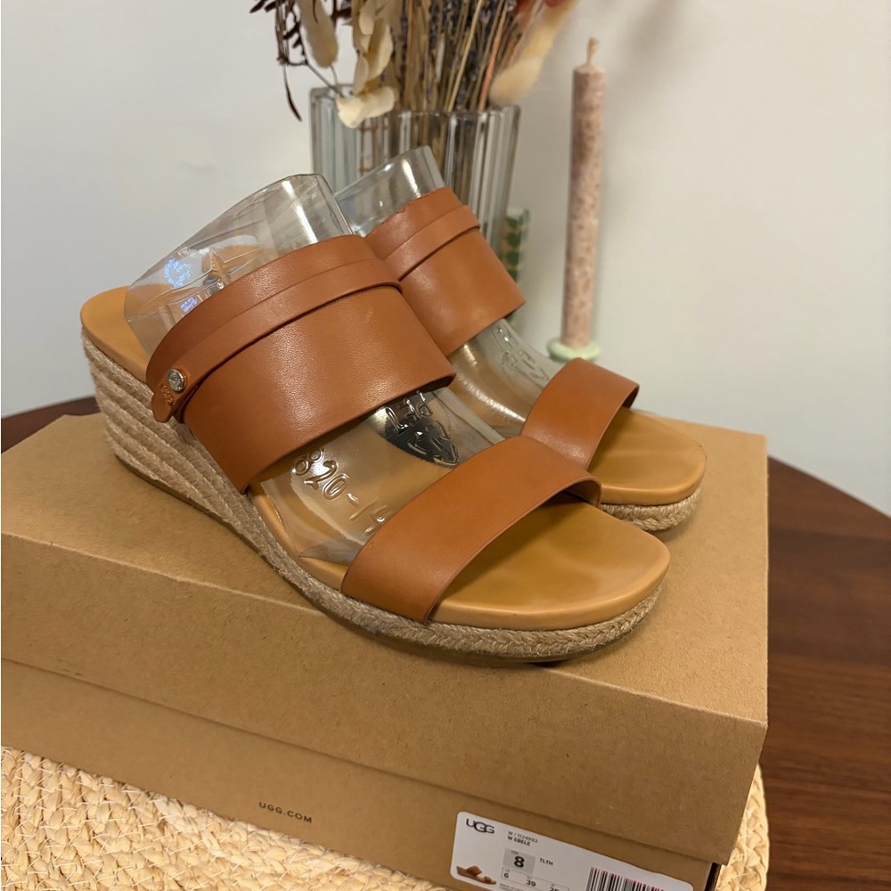 UGG Tan Leather Espadrille Wedge Sandals 8